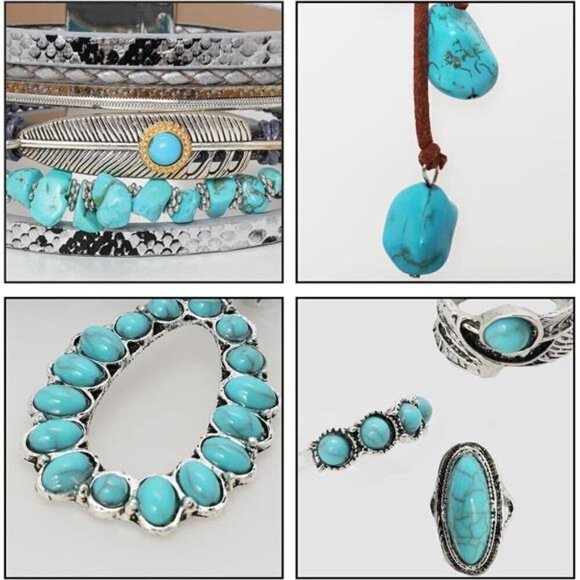 6 Pcs Western Jewelry for Women Boho Set Bohemian Turquoise Jewelry Set - Picture 4 of 7